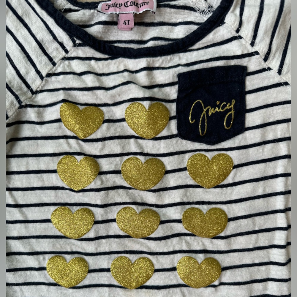 Juicy Couture Nautical Striped Metallic Glitter Gold Heart Patch Pocket Shirt~4T